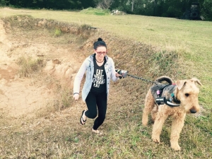 Linda running with excited dog